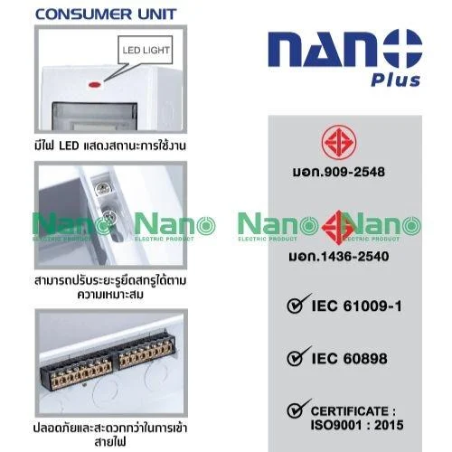 ตู้คอนซูมเมอร์ยูนิต8ช่อง NANO PLUS (เมนกันดูด RCBOปรับmA 32A,50A,63A+ลูกย่อย4ลูก)