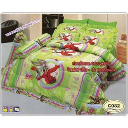 ผ้าปูที่นอน ชุดเครื่องนอน ซาติน Bugs Bunny C082 โทนสีเขียว เหลือ อ่อน ๆ