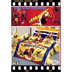 ผ้าปูที่นอน ชุดเครื่องนอน ซาติน Incredibles C074 สีเหลือ แดง (ลายใหม่)