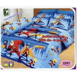 ผ้าปูที่นอน ชุดเครื่องนอน ซาติน อินเครดิเบิ้ล Incredibles C093 ตัวการ์ตูนโทนสีเหลือง บนพื้นน้ำเงินเข้ม แซมพื้นฟ้าอ่อน