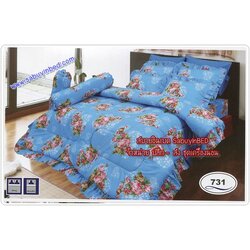 ผ้าปูที่นอน ชุดเครื่องนอน ซาติน Satin 731 (ลายดอกไม้สีชมพู บนพื้นสีฟ้า มีหัวใจจุดๆ สีขาว)