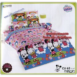 ผ้าปูที่นอน โตโต้ ลายการ์ตูน ลิขสิทธิ์ คิวตี้ Disney Cuties - CU63 - มิ๊กกี้เม้าส์ และ โดนัลดักส์ ชายผ้าสีน้ำเงิน กลางผืนสีชมพู สีสวยน่ารัก