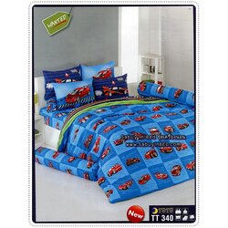 ชุดเครื่องนอน ผ้าปูที่นอนโตโต้ TT340 (ผ้าปูที่นอนลายรถแข่ง สีฟ้า น้ำเงิน ตัวรถสีแดง)