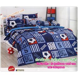 ผ้าปูที่นอนโตโต้ ลายฟุตบอล ลูกฟุตบอลหลายลูก พื้นน้ำเงินเข้ม คาดลายริ้ว - TT482 - ชุดเครื่องนอนโตโต้ลายฟุตบอล TOTO ยางยืดรัดรอบ ไม่มีรอยต่อ