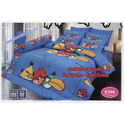 ชุดเครื่องนอน ผ้าปูที่อนซาติน ลายแองกี้เบิร์ด Angry Bird C102 (ยังคงเอกลักษณ์ แองกี้เบิร์ดตัวโต ๆ 3 ตัว พื้นน้ำเงิน แซมด้วยลายเส้นตัวนก ตัวเล็ก ๆ ค่ะ)