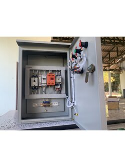 ตู้ควบคุมปั๊มน้ำขนาด 3 Hp 220v ตั้งเวลา ตู้เหล็กกันน้ำชั้นเดียว มีป้องกันไฟตกไฟเกิน