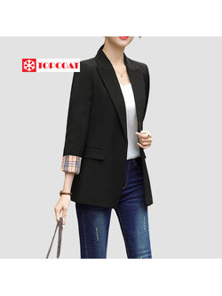 เบลเซอร์ สูทผู้หญิง (pub berry) ทรงเข้ารูป กระดุมเดียว แขนพับลายตาราง สี : ครีม ดำ