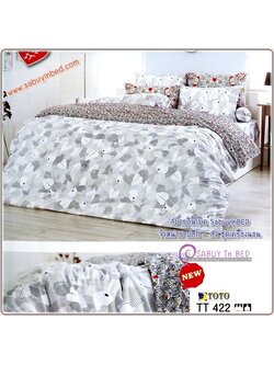 ผ้าปูที่นอนลายกราฟฟิคภาพดอกไม้ ดอกเล็ก ๆ โทนสีดำ - แดง - TT421 - ชุดเครื่องนอนโตโต้ลายดอกไม้ TOTO ไม่มีรอยต่อ ยางยืดรัดรอบที่นอน