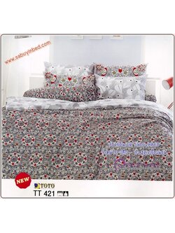 ผ้าปูที่นอนลายดอกไม้ ดอกเล็ก ๆ โทนสีดำ - แดง - TT421 - ชุดเครื่องนอนโตโต้ลายดอกไม้ TOTO ไม่มีรอยต่อ ยางยืดรัดรอบที่นอน