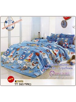 ผ้าปูที่นอนลายประภาคาร เรียงรายกันอยู่กลางทะเล สีฟ้า แซมก้อนเมฆ สีขาว - TT393 - ชุดเครื่องนอนโตโต้ลายการ์ตูนท้องทะเล ไม่มีรอยต่อ ยางยืดรัดรอบที่นอน