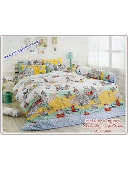 ผ้าปูที่นอนโตโต้ ลายการ์ตูนบ้านเมือง ตึก อาคาร บ้าน สีโทนสะอาดตา แซมสีเขียว เทา - TT274 - ชุดเครื่องนอนโตโต้ลายกราฟฟิค TOTO ยางยืดรัดรอบ ไม่มีรอยต่อ