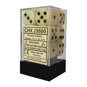 [ลูกเต๋า] Chessex: Opaque Ivory/Black 16mm D6 (12 Dice)