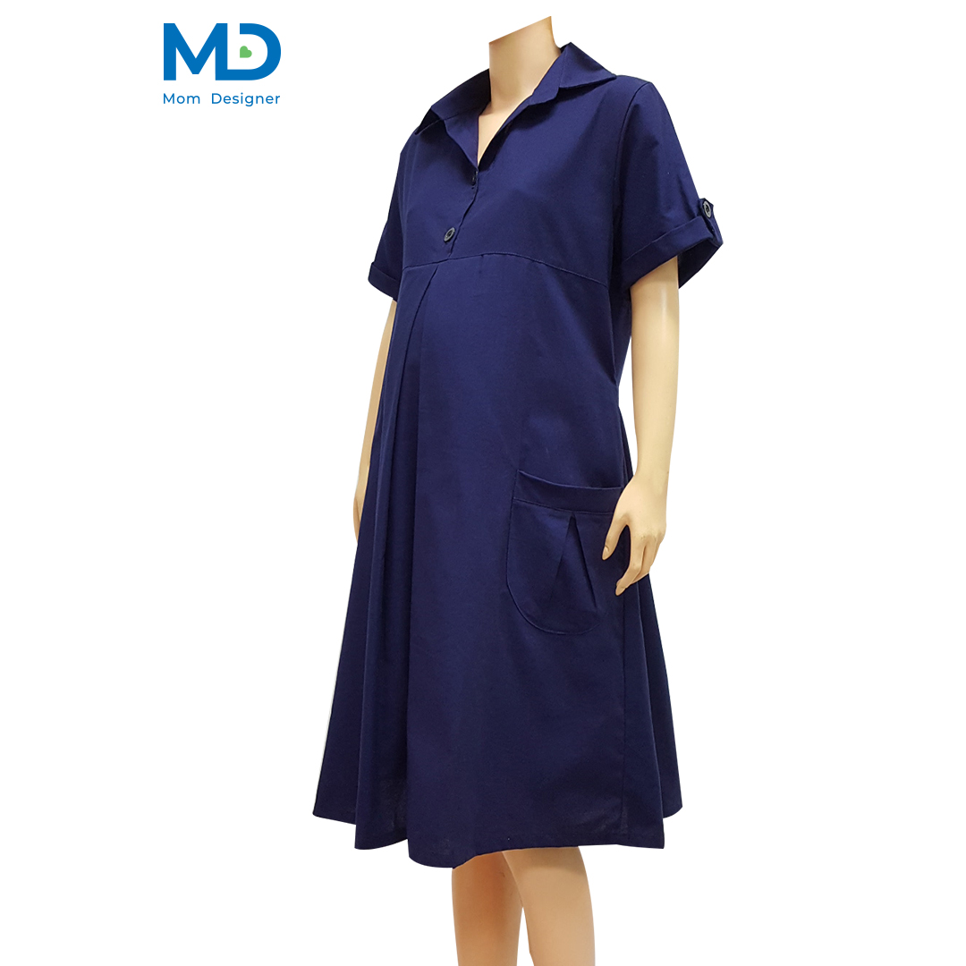 005NV ชุดคลุมท้องปกเชิ้ตกระเป๋าหน้า สีกรมท่า