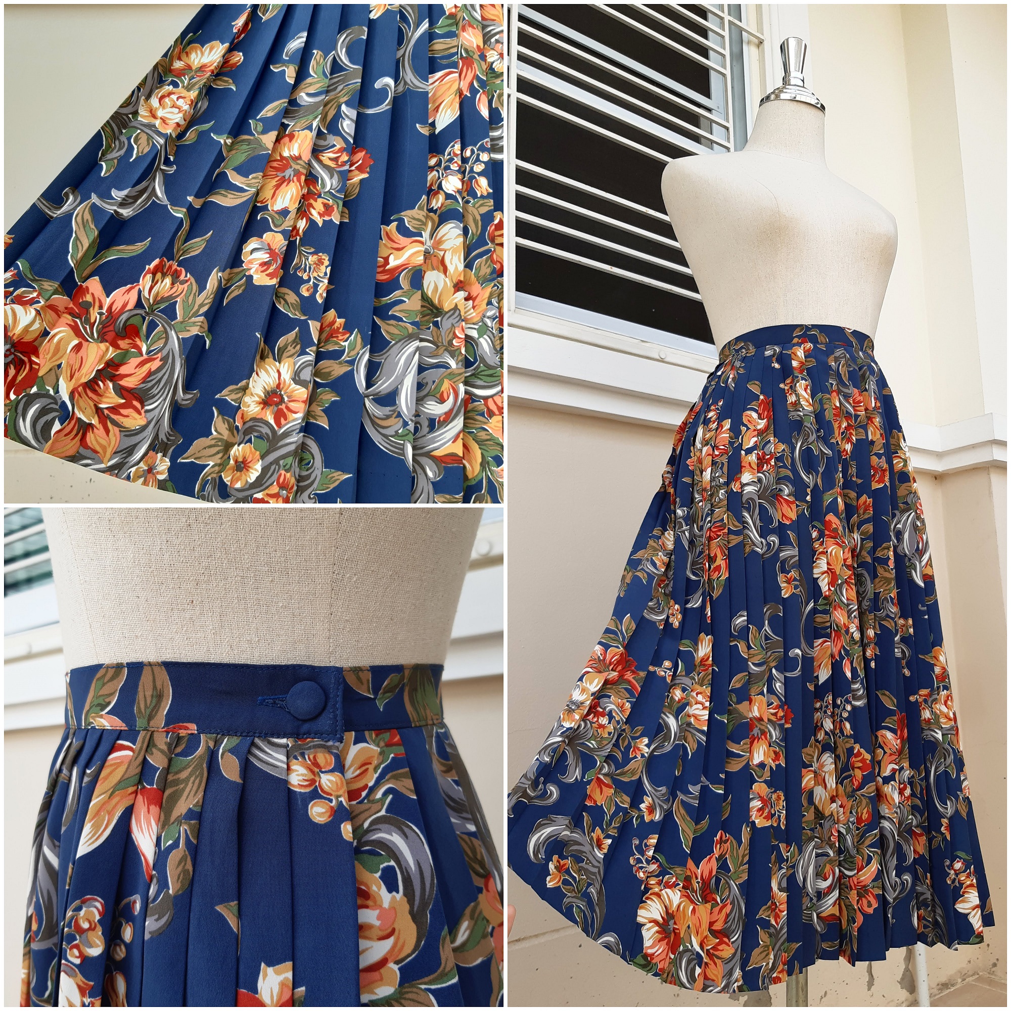 กระโปรงพลีทวินเทจลายดอกสีฟ้าน้ำเงิน