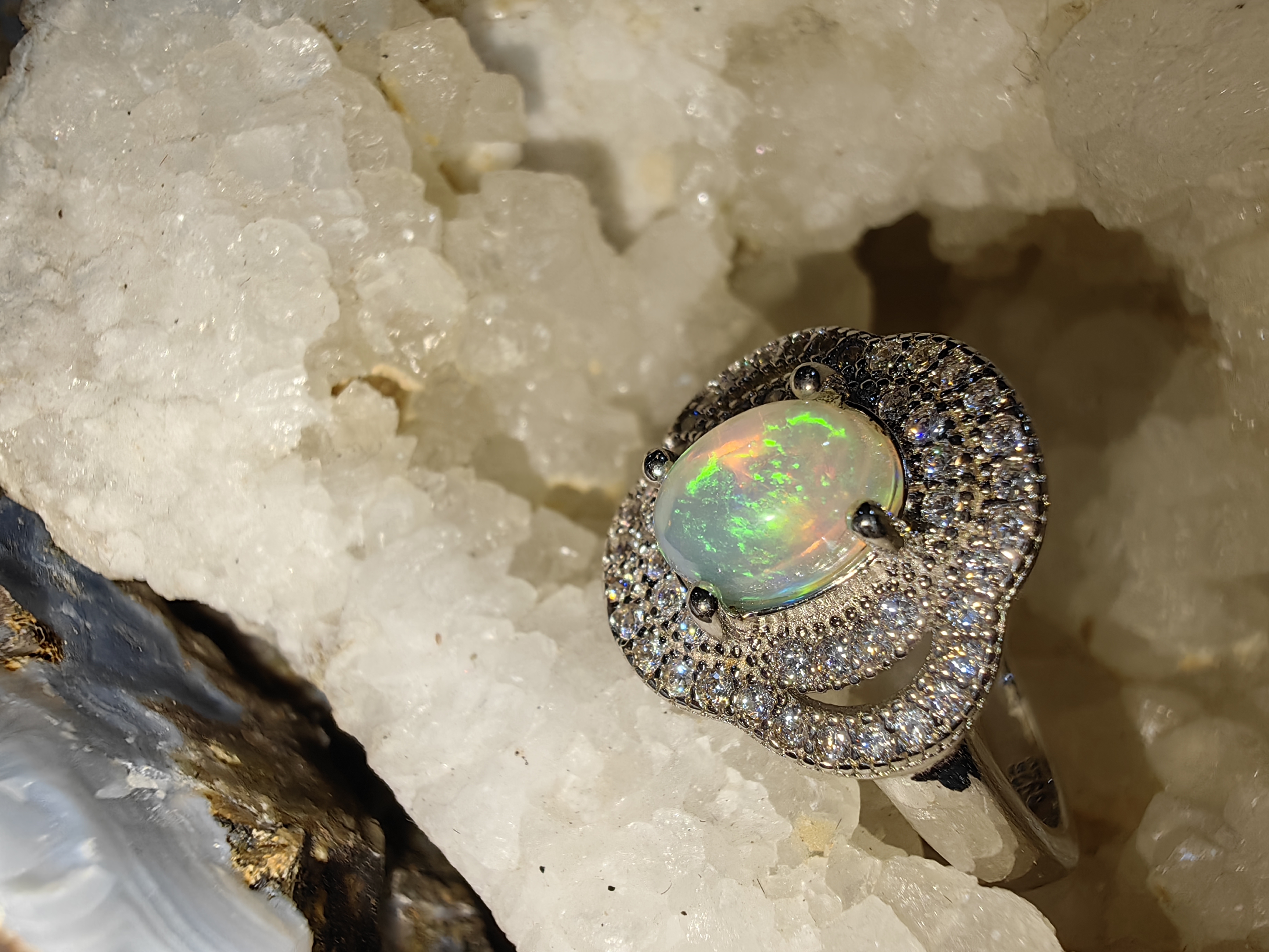 Opal, Swiss Diamond 925 Sterling Silver Ring แหวนโอปอ เพชรสวิส เงินแท้ 925 Size 56
