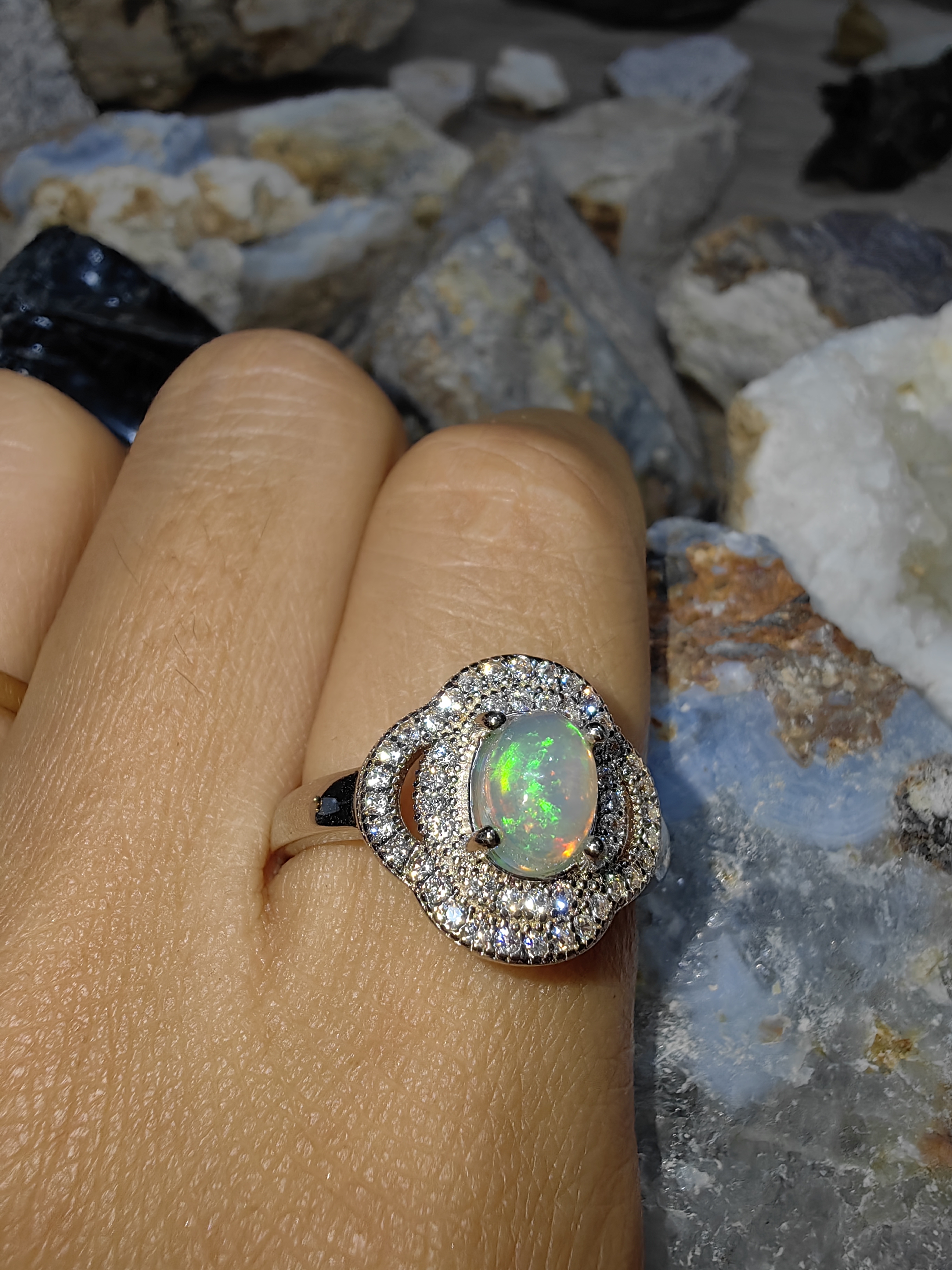 Opal, Swiss Diamond 925 Sterling Silver Ring แหวนโอปอ เพชรสวิส เงินแท้ 925 Size 56