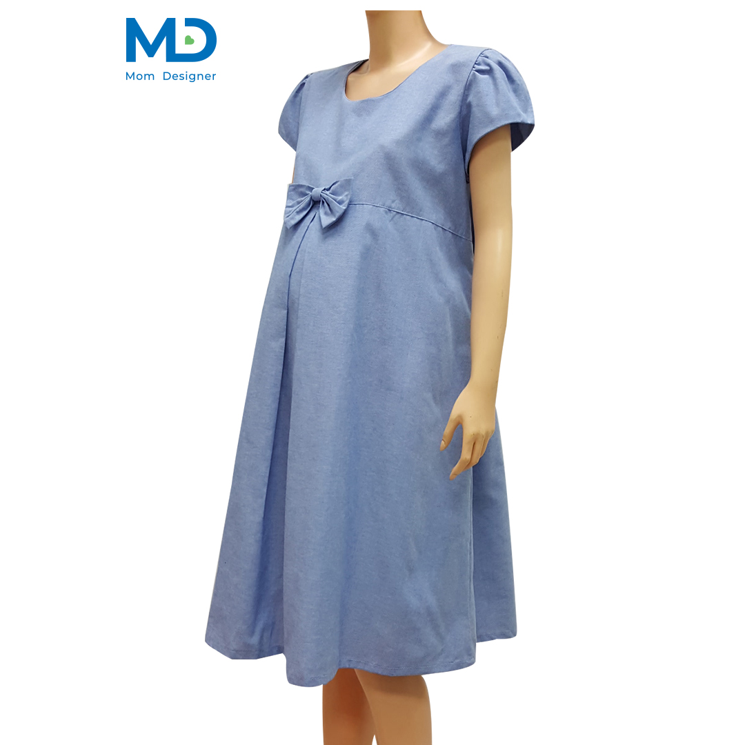 004BU ชุดคลุมท้องคอกลมโบว์จีบ สีฟ้า