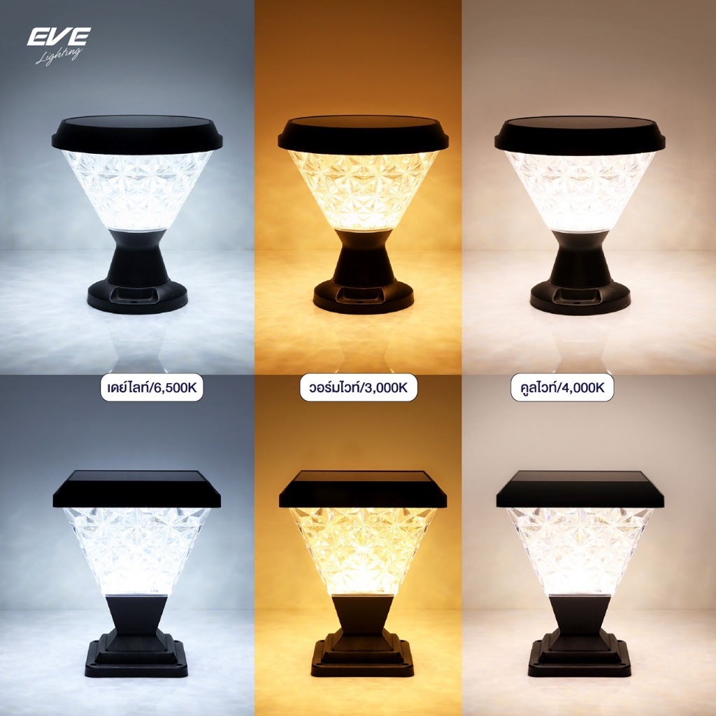 ( 1 แถม 1 ) EVE โคมไฟ โซล่าเซลล์ รุ่น DORA เปลี่ยนสีได้ 3 สี ขนาด 50w ทรงกลม / เหลี่ยม มี 3 แบบ หัวเสา ตั้งพื้น ติดผนัง