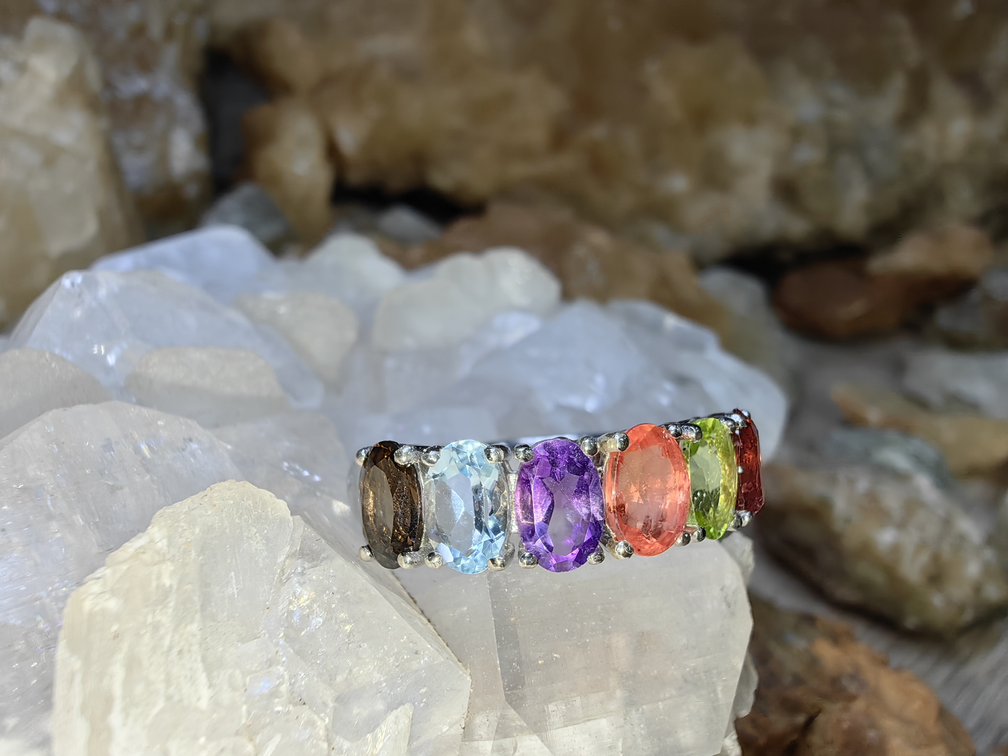 Ruby, Peridot, Tourmaline, Amethyst, Topaz, Smoky Quartz 925 Sterling Silver แหวนทับทิม เพอริดอท ทัวร์มาลีน อเมทิสต์ สโมกกี้ควอตซ์ Size 57 เงินแท้ 925