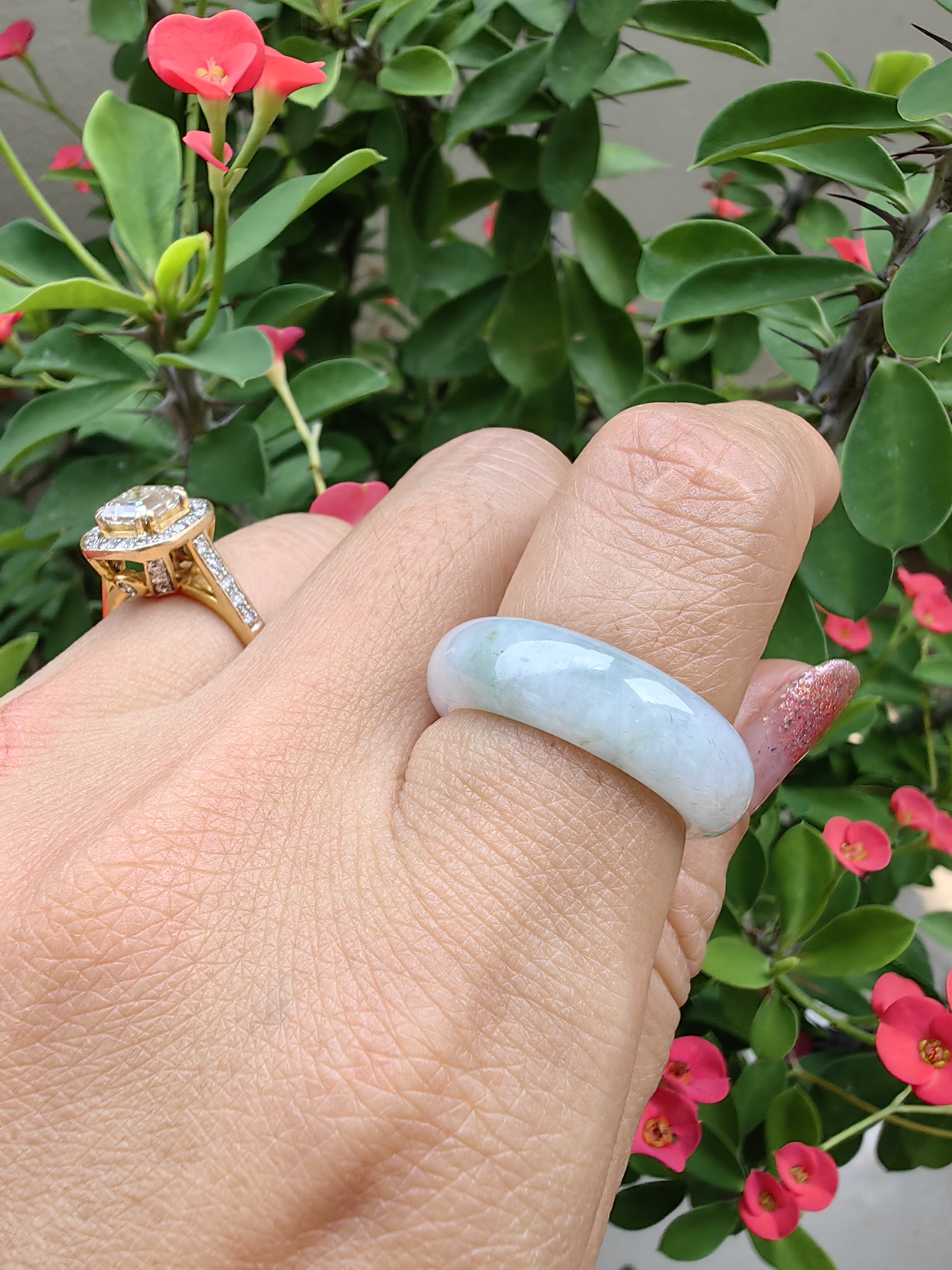 White- Light Green Burmese Jadeite Ring Mix Size แหวนหยกเจไดต์พม่า ขาว รวมไซส์