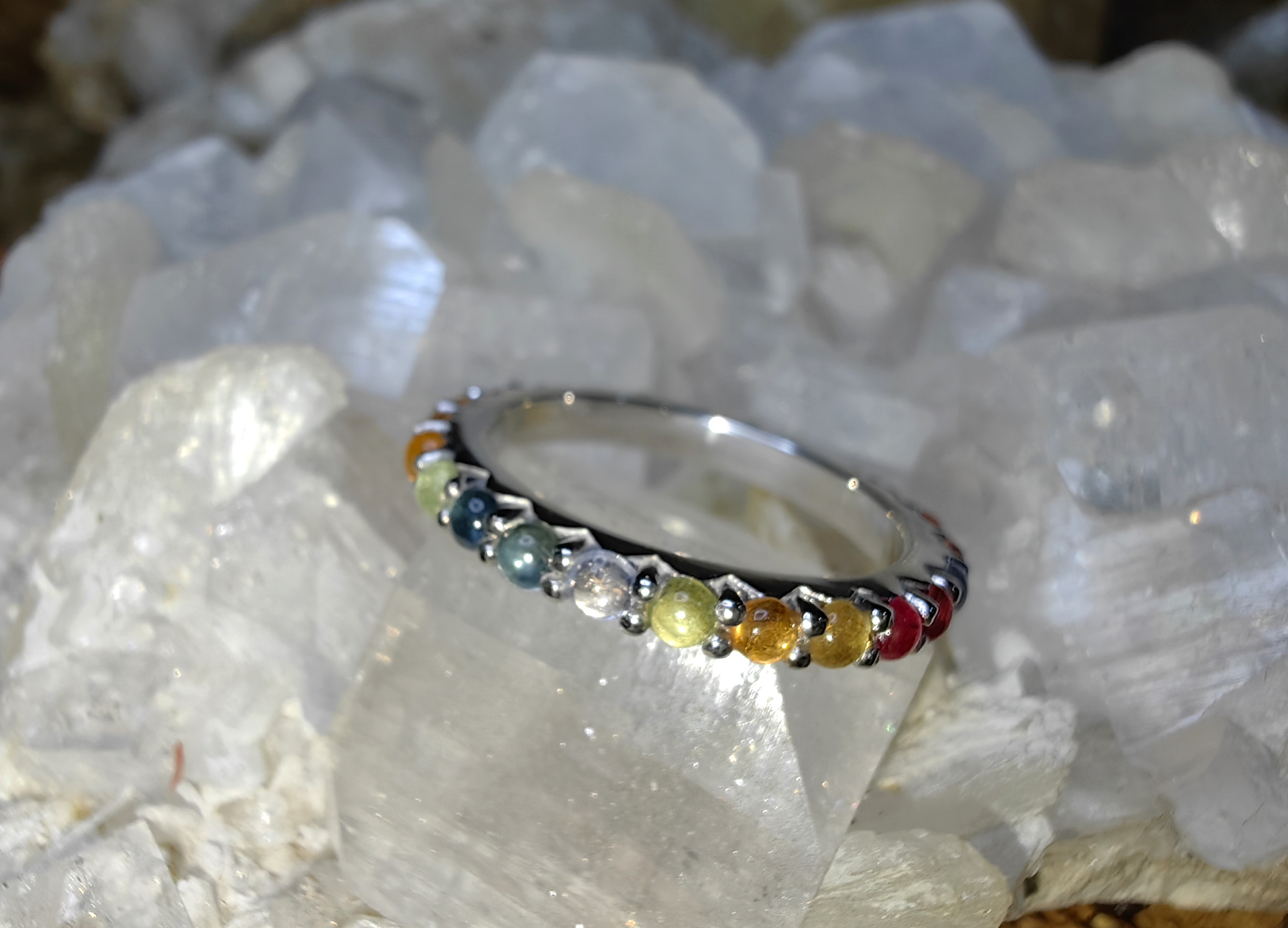 9 Lucky gemstones Ruby, Blue Sapphire, Emerald, Topaz, Zircon, Yellow Sapphire, Moonstone, Garnet, Cat's eyes 925 Sterling Silver แหวนนพเก้า ทับทิม ไพลิน มรกต โทแพซ ไพฑูรย์ บุษราคัม มูนสโตน โกเมน ตาแมว Size 56 เงินแท้ 925