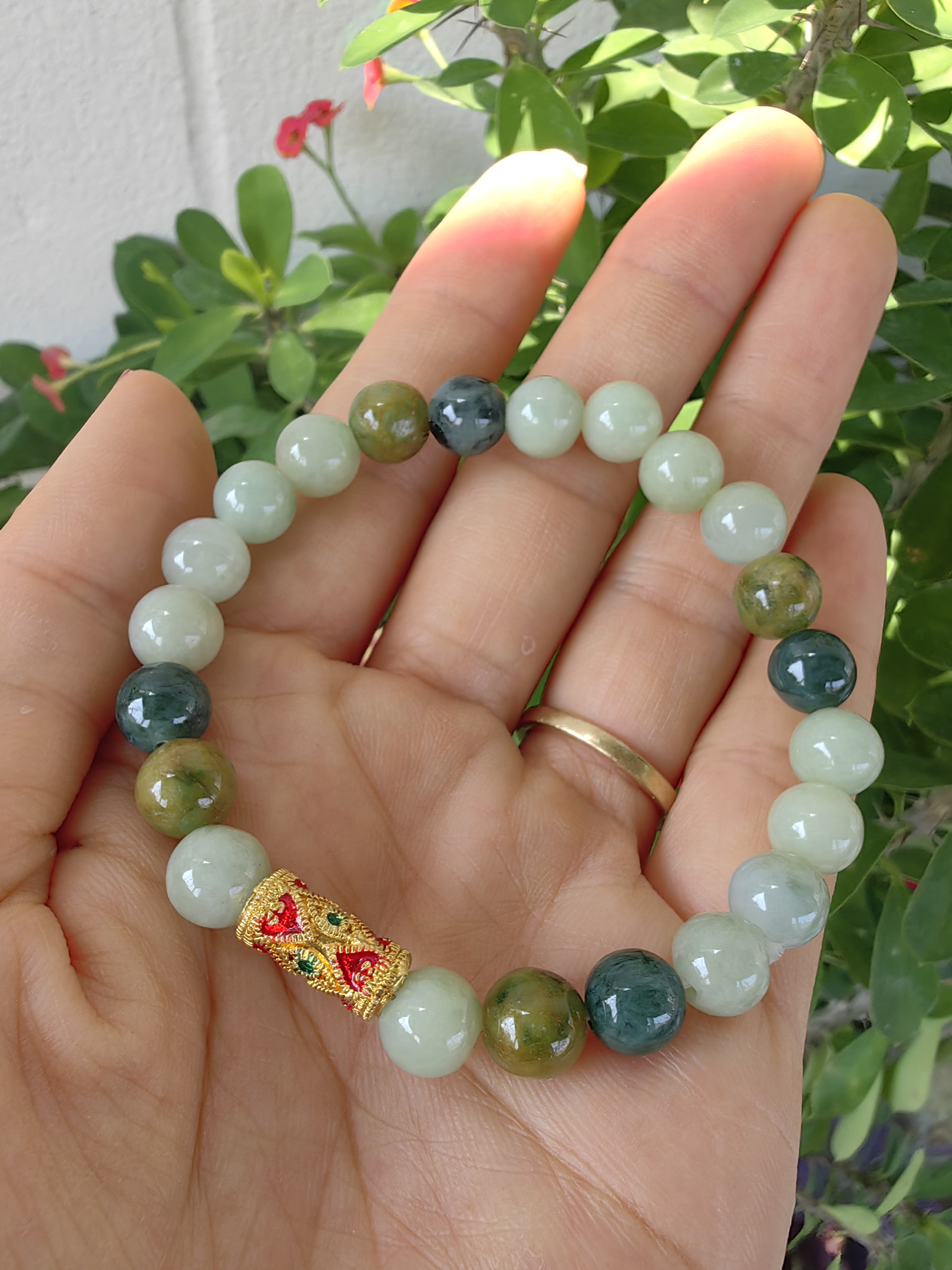 Burmese Jadeite Bracelets Thai Enamel Gold plated 8 mm. สร้อยข้อมือหยกพม่า ลงยาสุโขทัย กลม 8 มม. Free Size