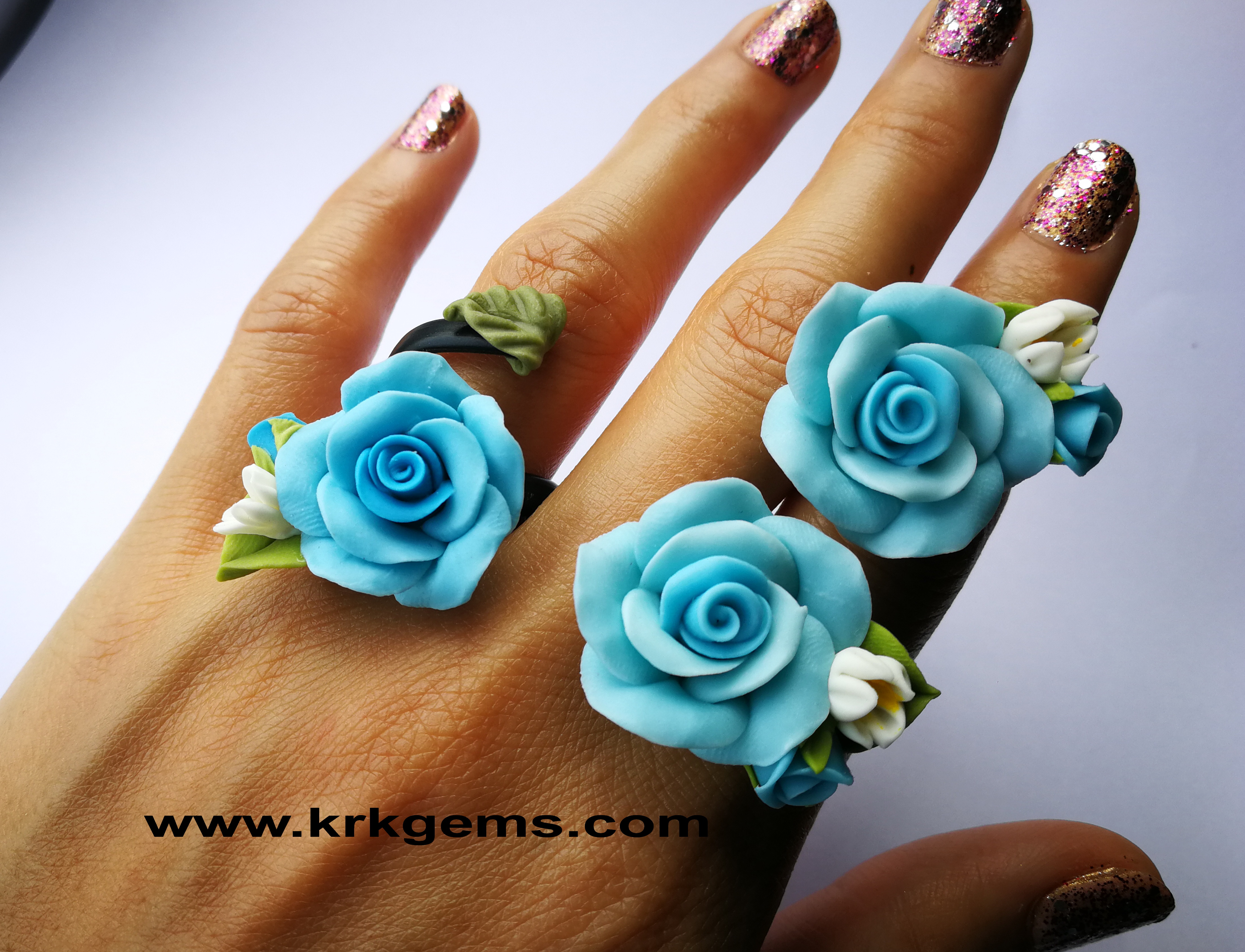 PASTEL BLUE ROSE HANDMADE CLAY NECKLACE BRACELET EARRING RING