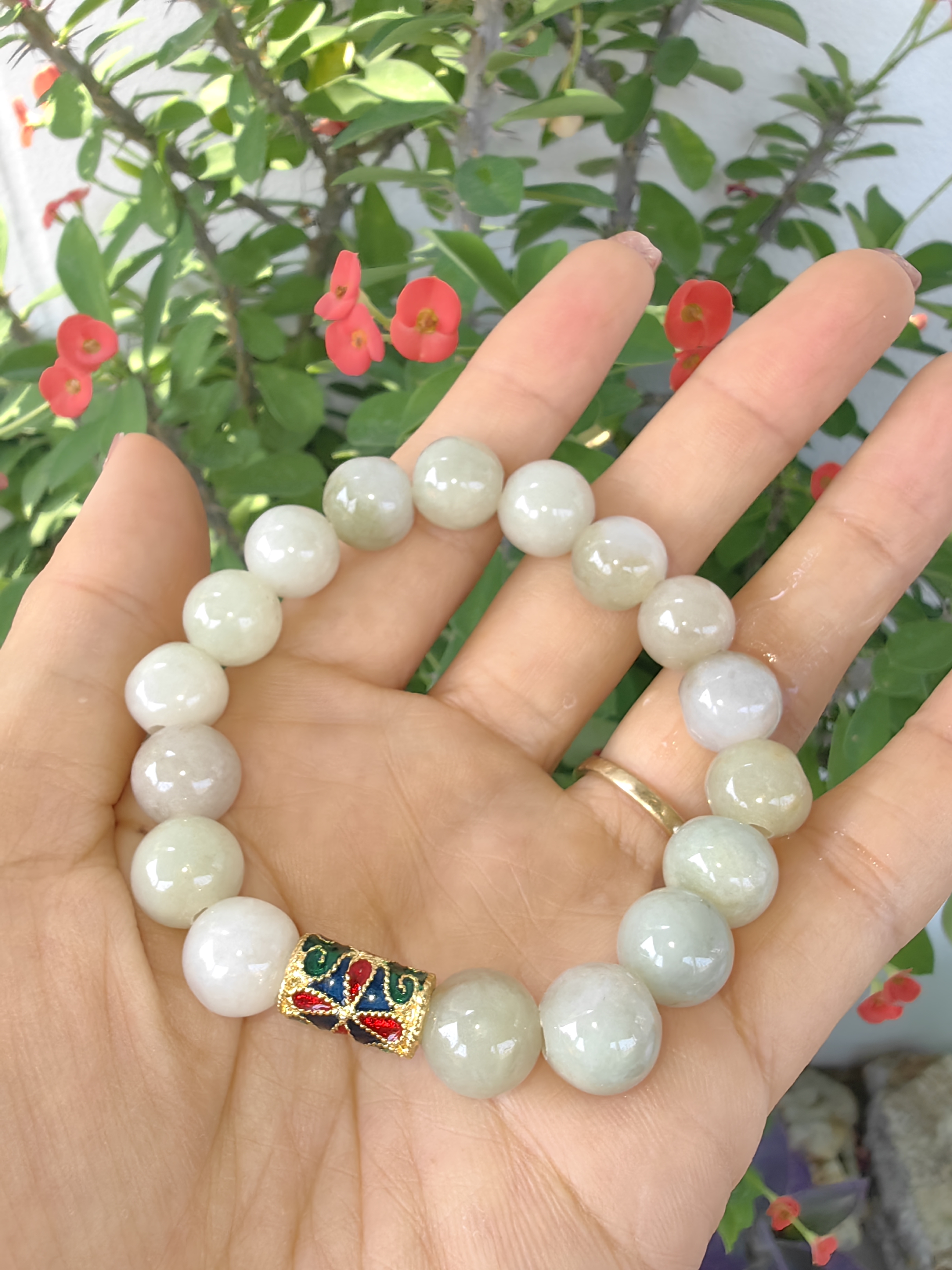 Burmese Jadeite Bracelets Thai Enamel Gold plated 10 mm. สร้อยข้อมือหยกพม่า ลงยาสุโขทัย กลม 10 มม. Free Size