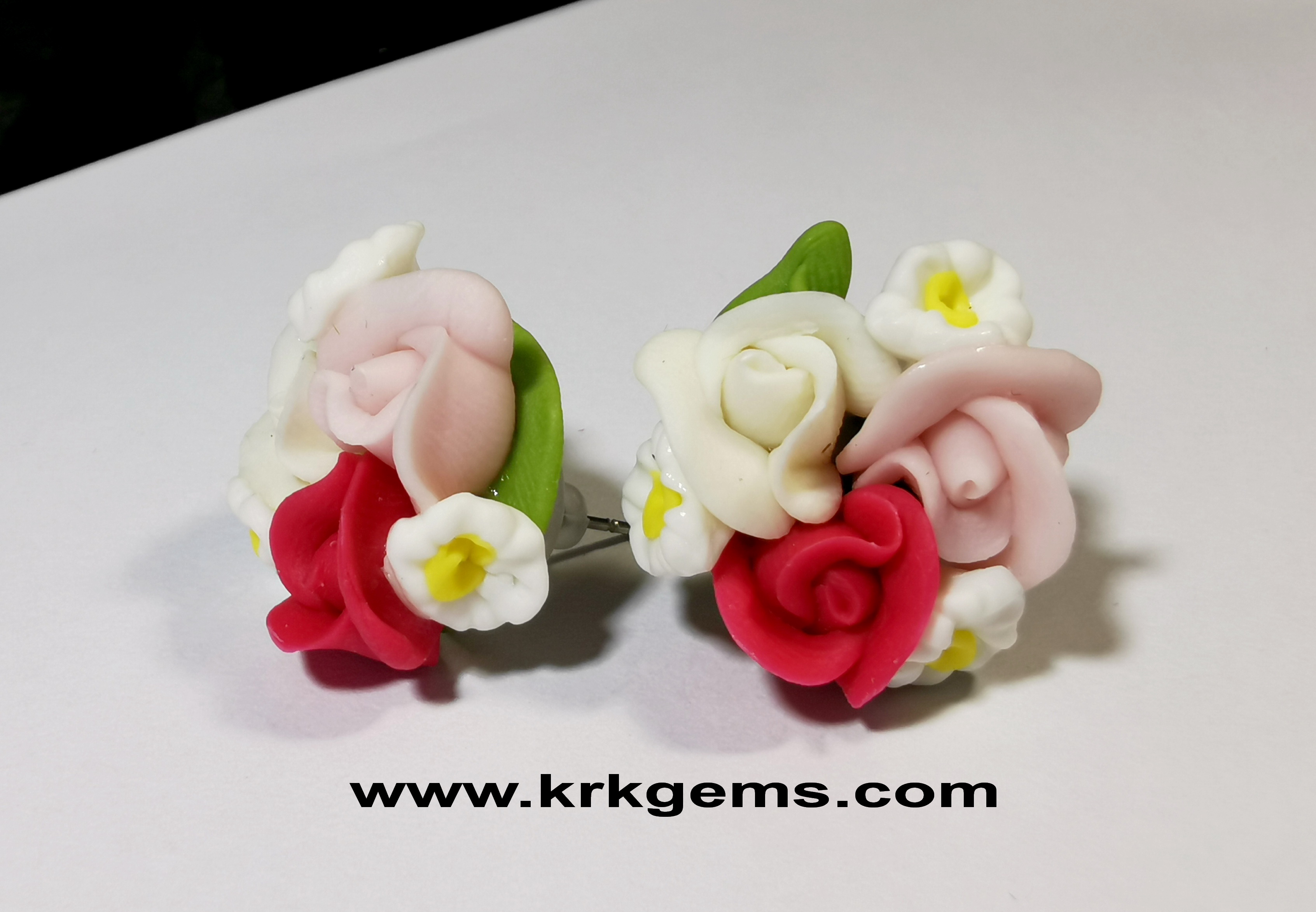 DEEP &PASTEL PINK WHITE 3ROSE HANDMADE CLAY EARRING