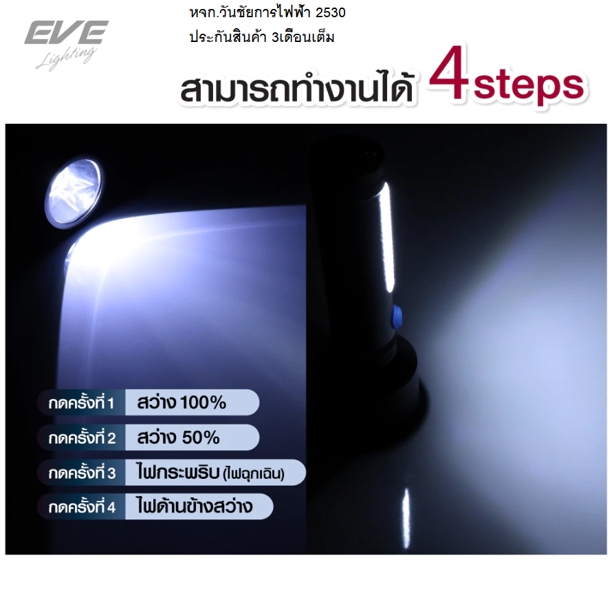 EVE ไฟฉายแรงสูง แอลอีดี LED VIEW ชาร์จไฟได้ ( TYPE-C ) ปรับได้ 4 โหมด และ ไฟฉุกเฉิน แสงขาว เดย์ไลท์ ชาร์ทผ่านมือถือได้