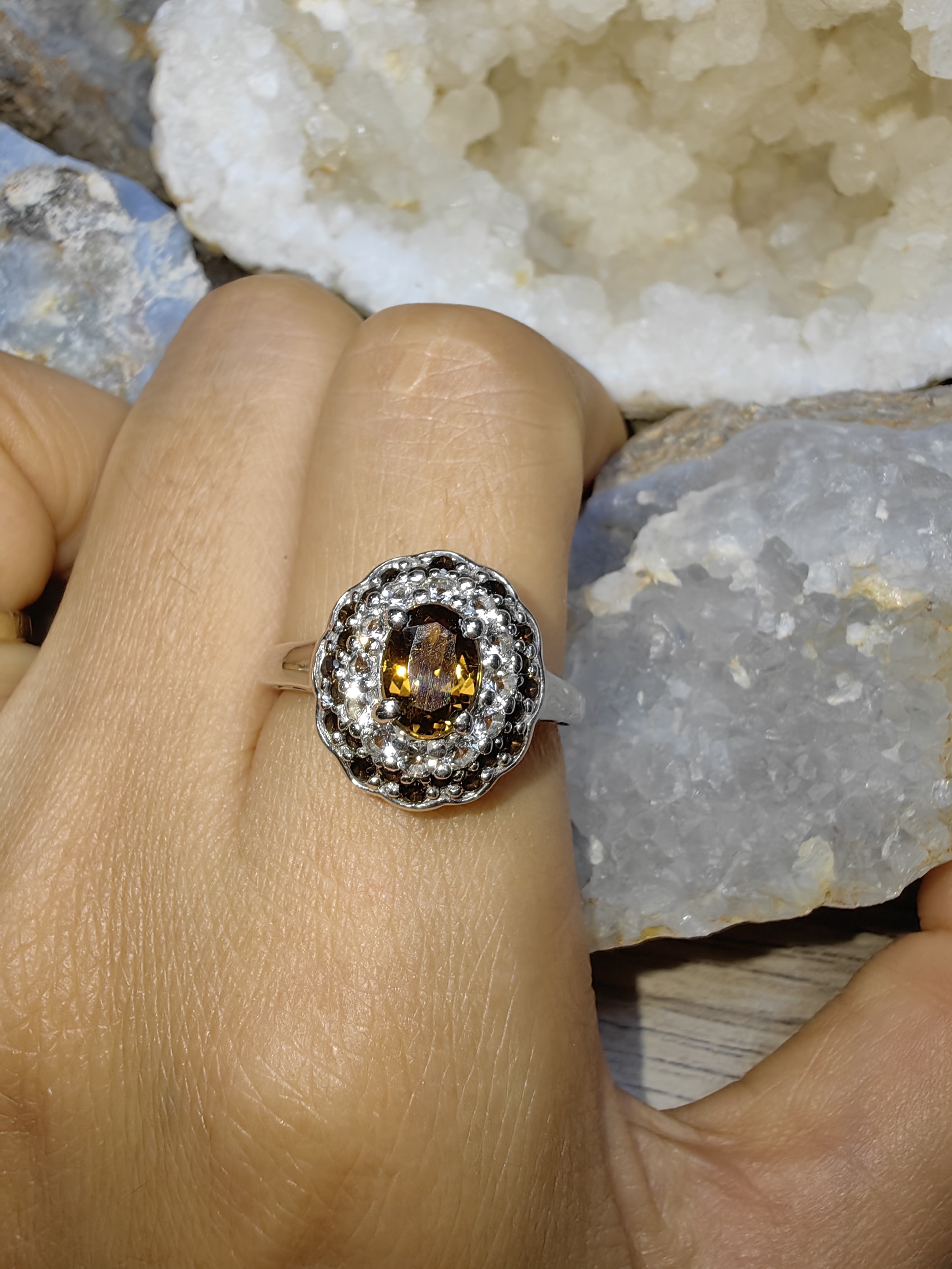 SMOKY QUARTZ WHITE TOPAZ RING