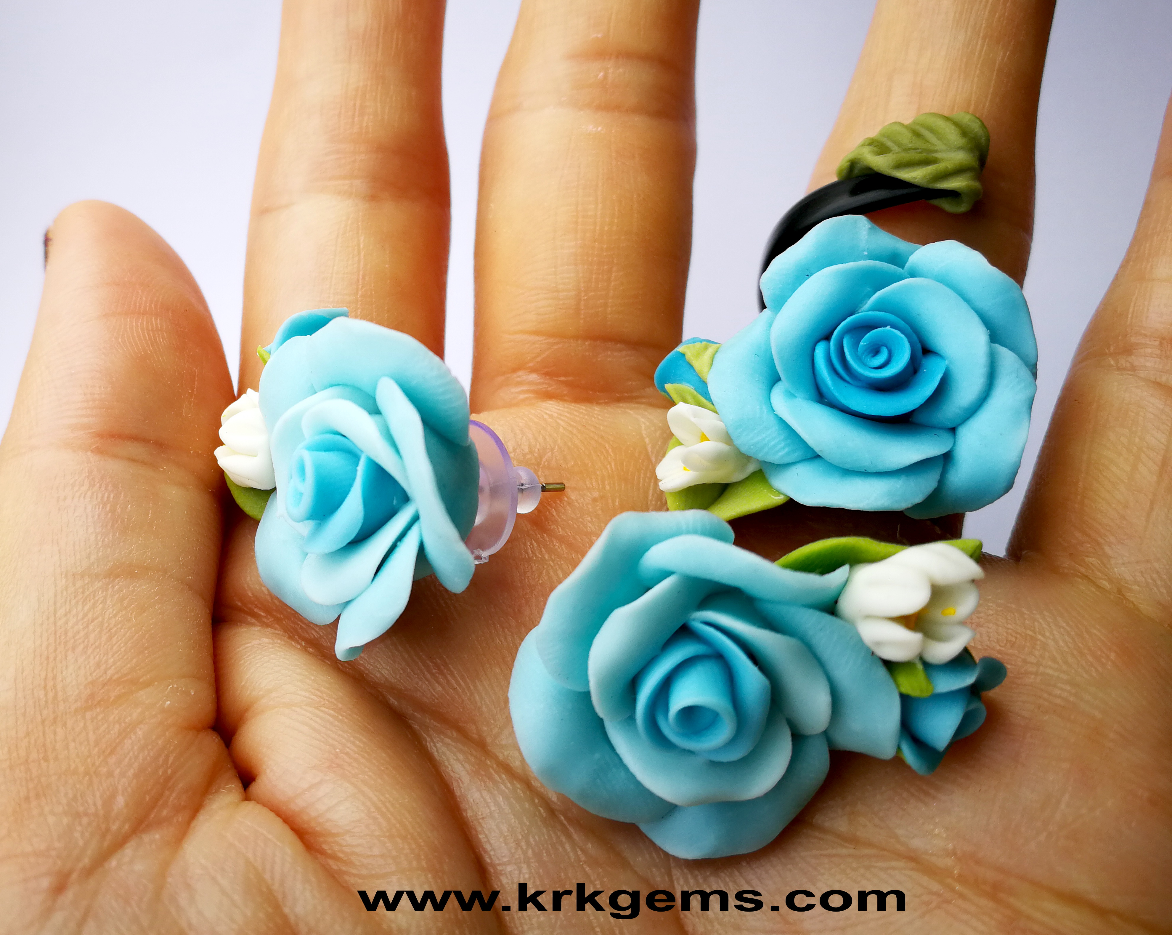 PASTEL BLUE ROSE HANDMADE CLAY NECKLACE BRACELET EARRING RING