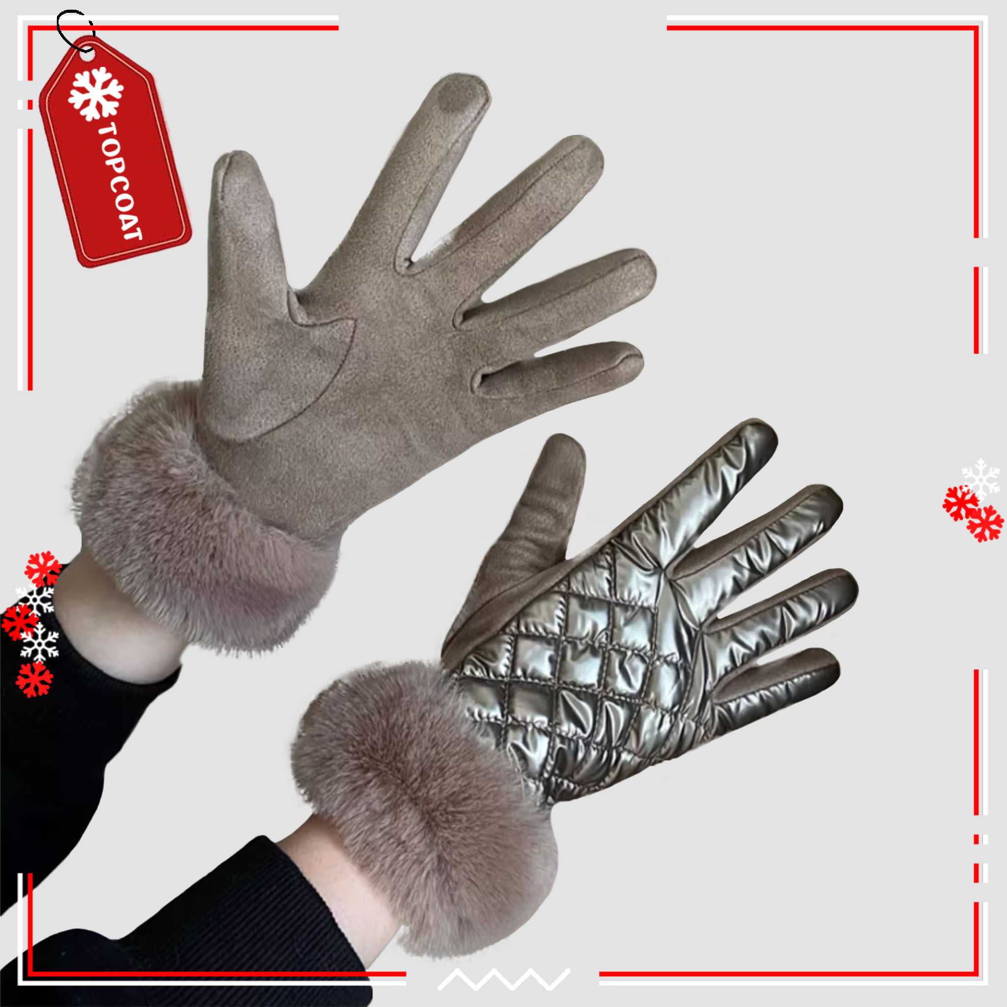 ถุงมือกันหนาวมีเฟอร์ ผ้ากำมะหยี่สามารถทัชสกรีนได้ ลายตาราง อุณหภูมิได้ถึง 0 องศา