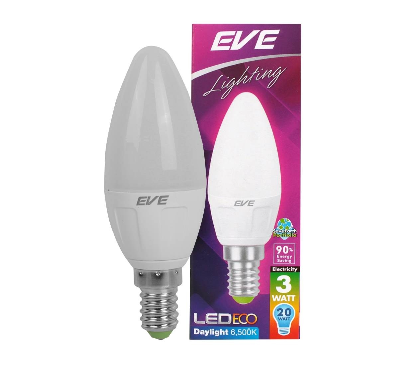 หลอด LED EVE ECO CANDLE 3 วัตต์ DAYLIGHT E14 EVE หลอดไฟ LED ทรงเปลวเทียน 3 วัตต์ รุ่น ECO (Day Light)