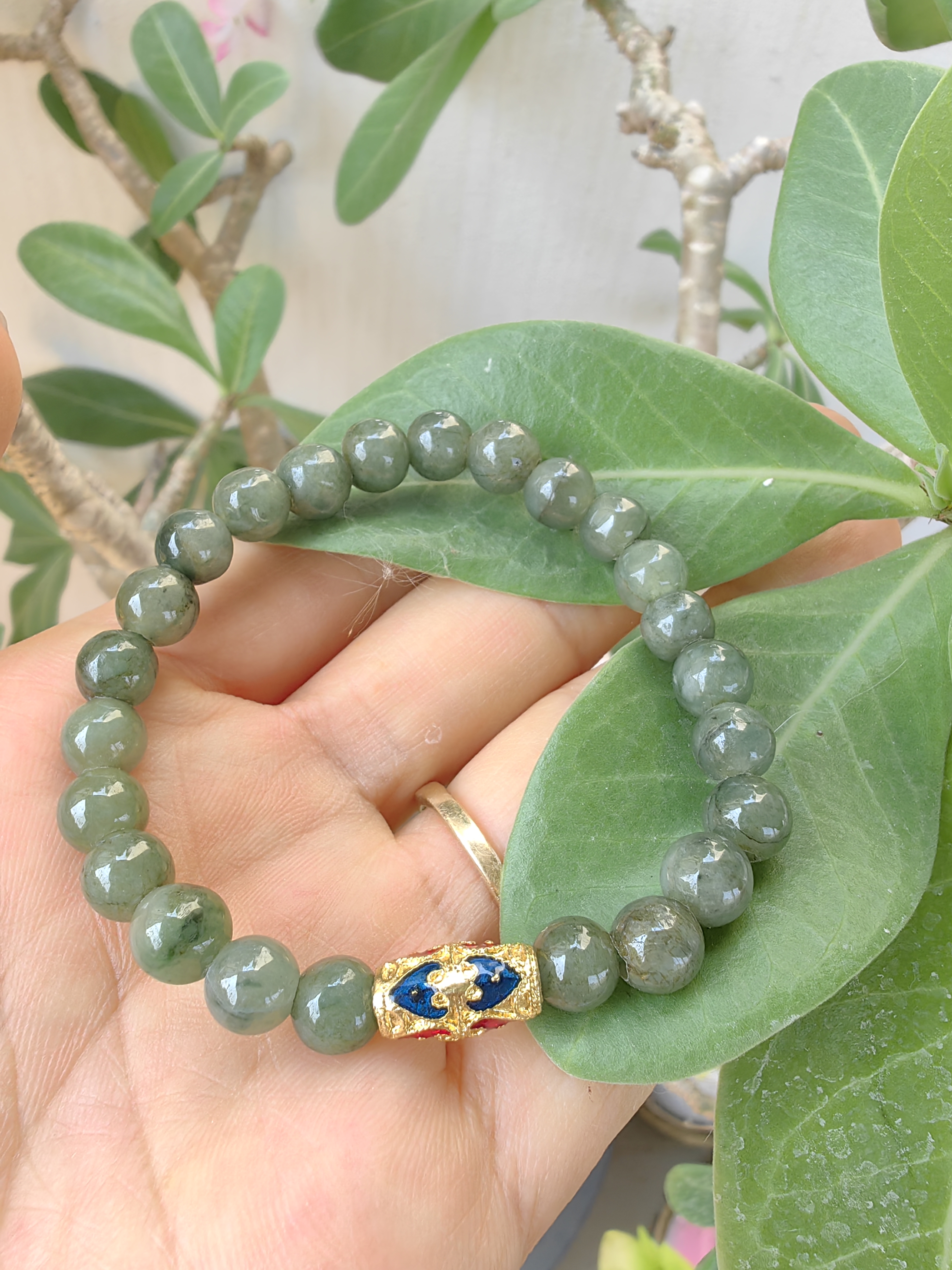 Burmese Jadeite Bracelets Thai Enamel Gold plated 7 mm. สร้อยข้อมือหยกพม่า ลงยาสุโขทัย กลม 7 มม. Free Size