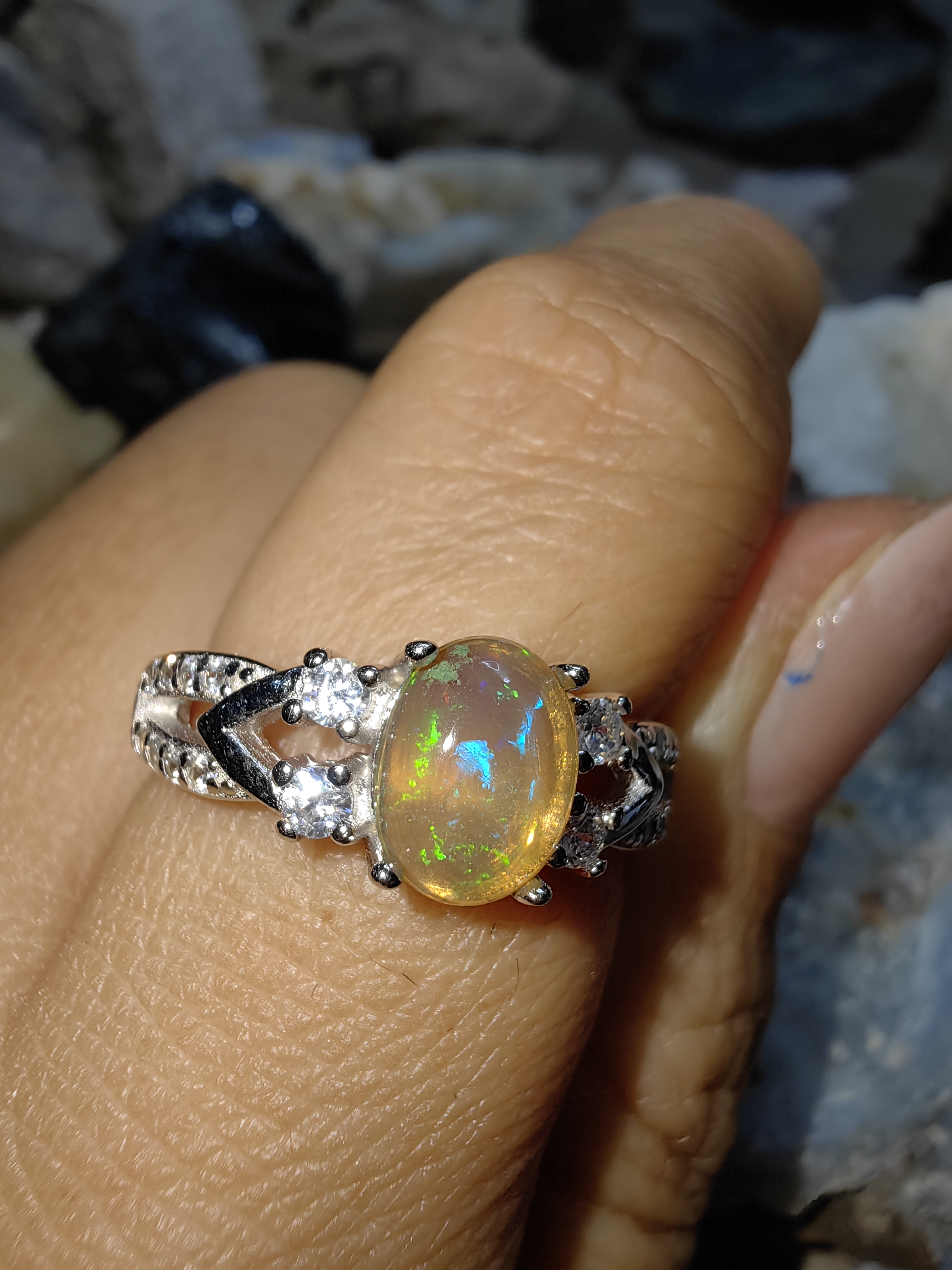 Opal, Swiss Diamond 925 Sterling Silver Ring แหวนโอปอ เพชรสวิส เงินแท้ 925 Size 52