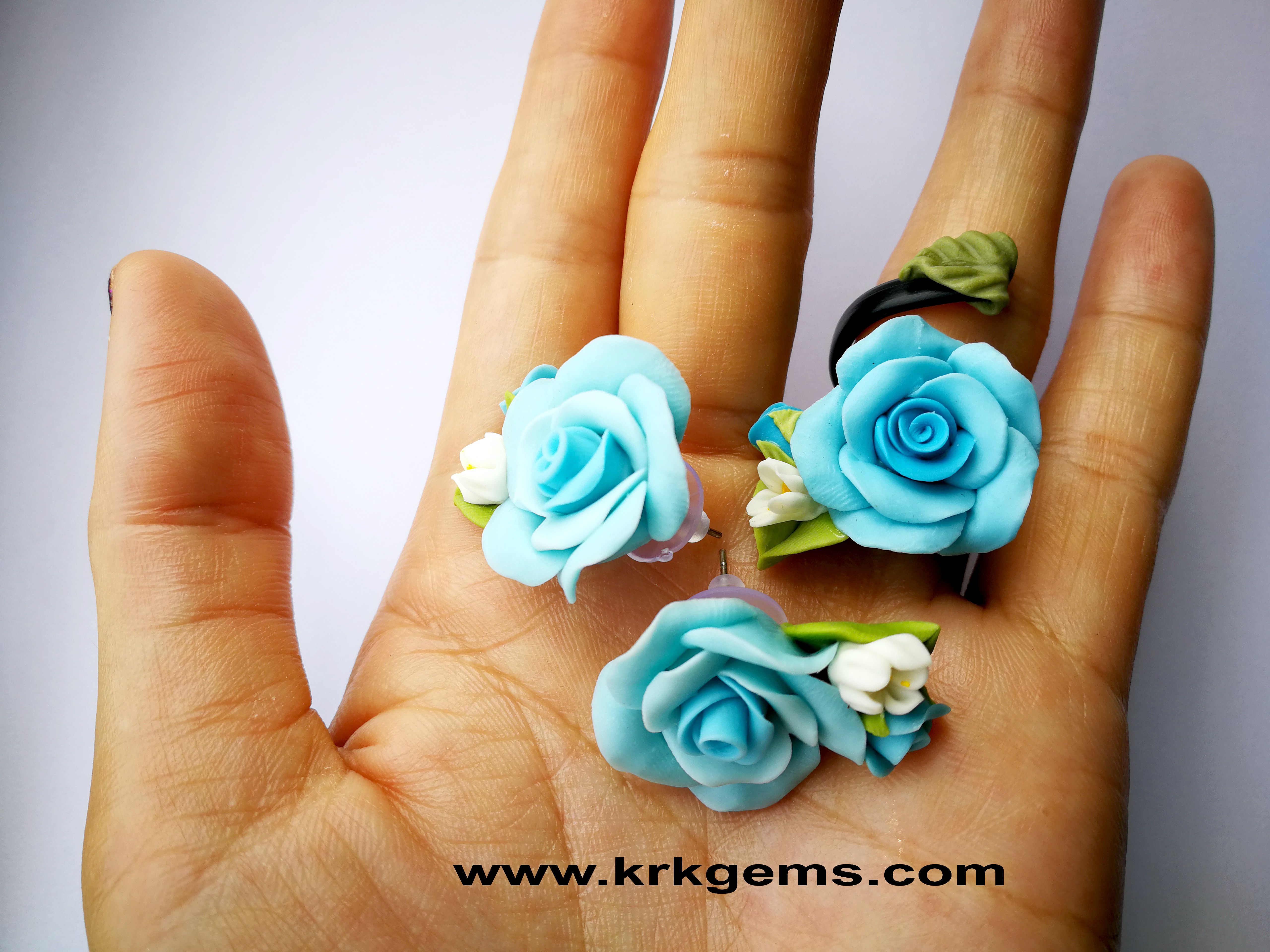 PASTEL BLUE ROSE HANDMADE CLAY NECKLACE BRACELET EARRING RING
