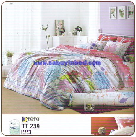 ชุดเครื่องนอน ผ้าปูที่นอนโตโต้ TT239 ดอกฟ้า ชมพู ดอกใหญ่ ๆ