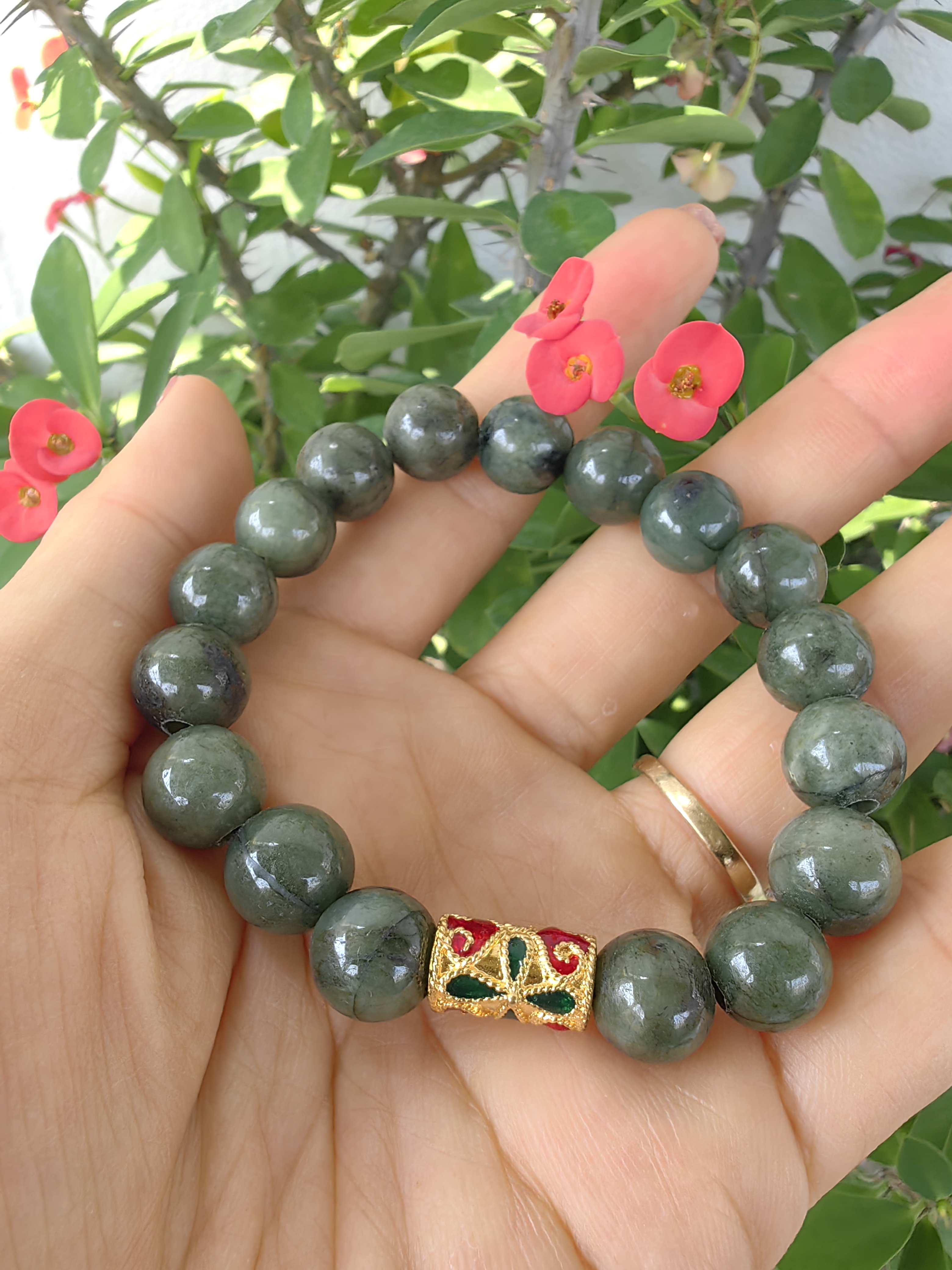 Burmese Jadeite Bracelets Thai Enamel Gold plated 10 mm. สร้อยข้อมือหยกพม่า ลงยาสุโขทัย กลม 10 มม. Free Size