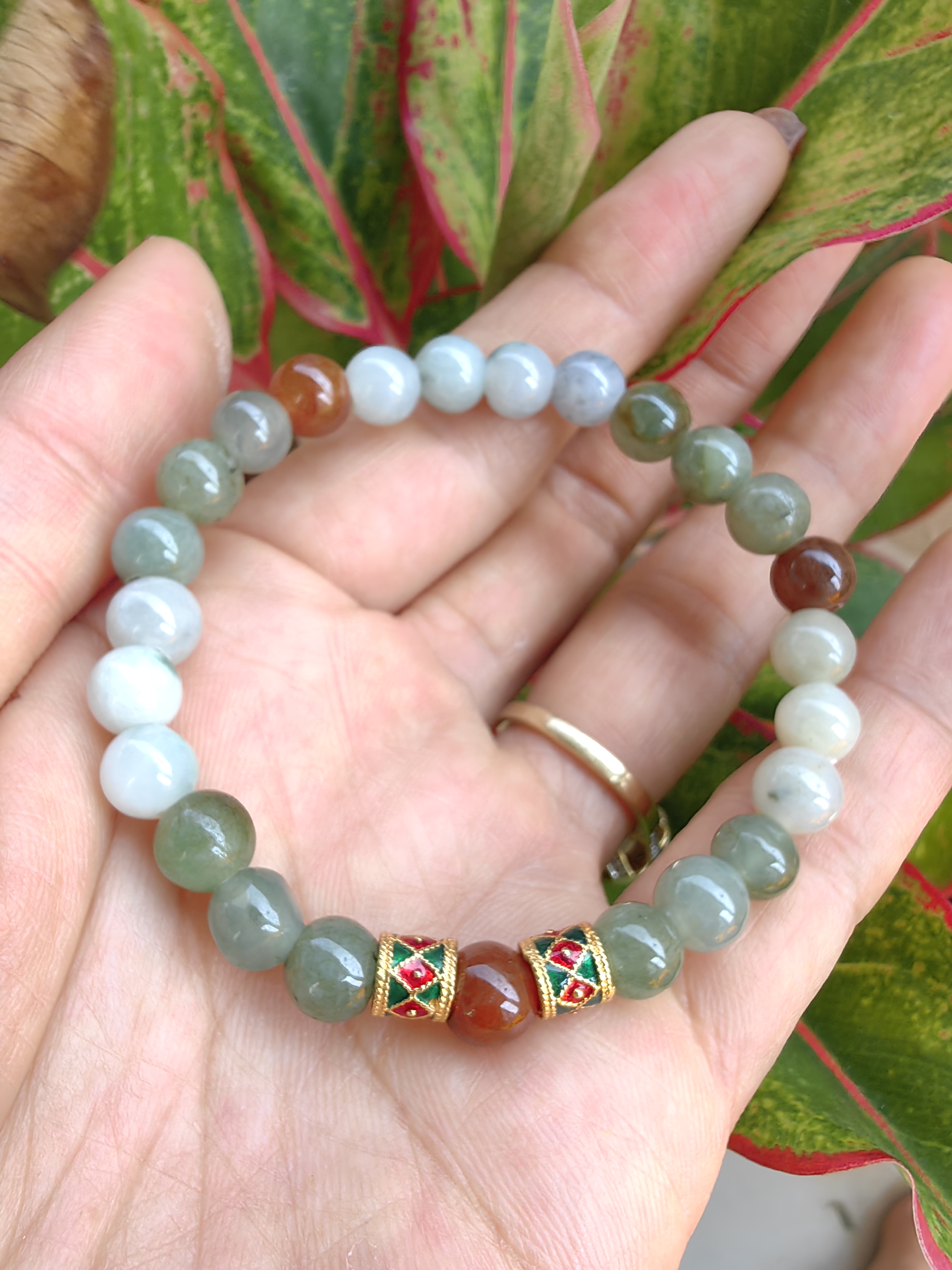 Burmese Jadeite Bracelets Thai Enamel Gold plated 7 mm. สร้อยข้อมือหยกพม่า ลงยาสุโขทัย กลม 7 มม. Free Size