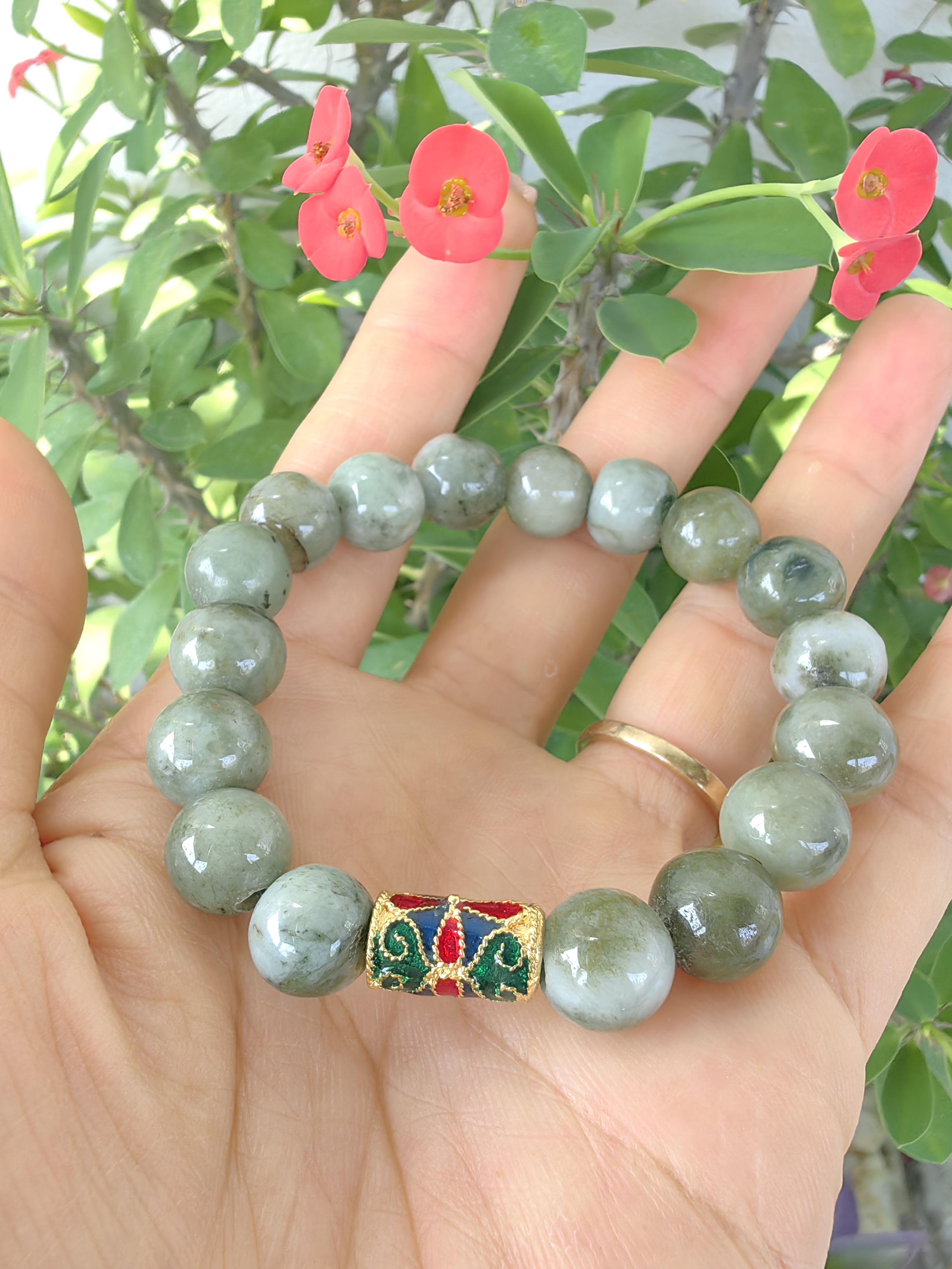 ฺBurmese Jadeite Bracelets Thai Enamel Gold plated 10 mm. สร้อยข้อมือหยกพม่า ลงยาสุโขทัย กลม 10 มม. Free Size