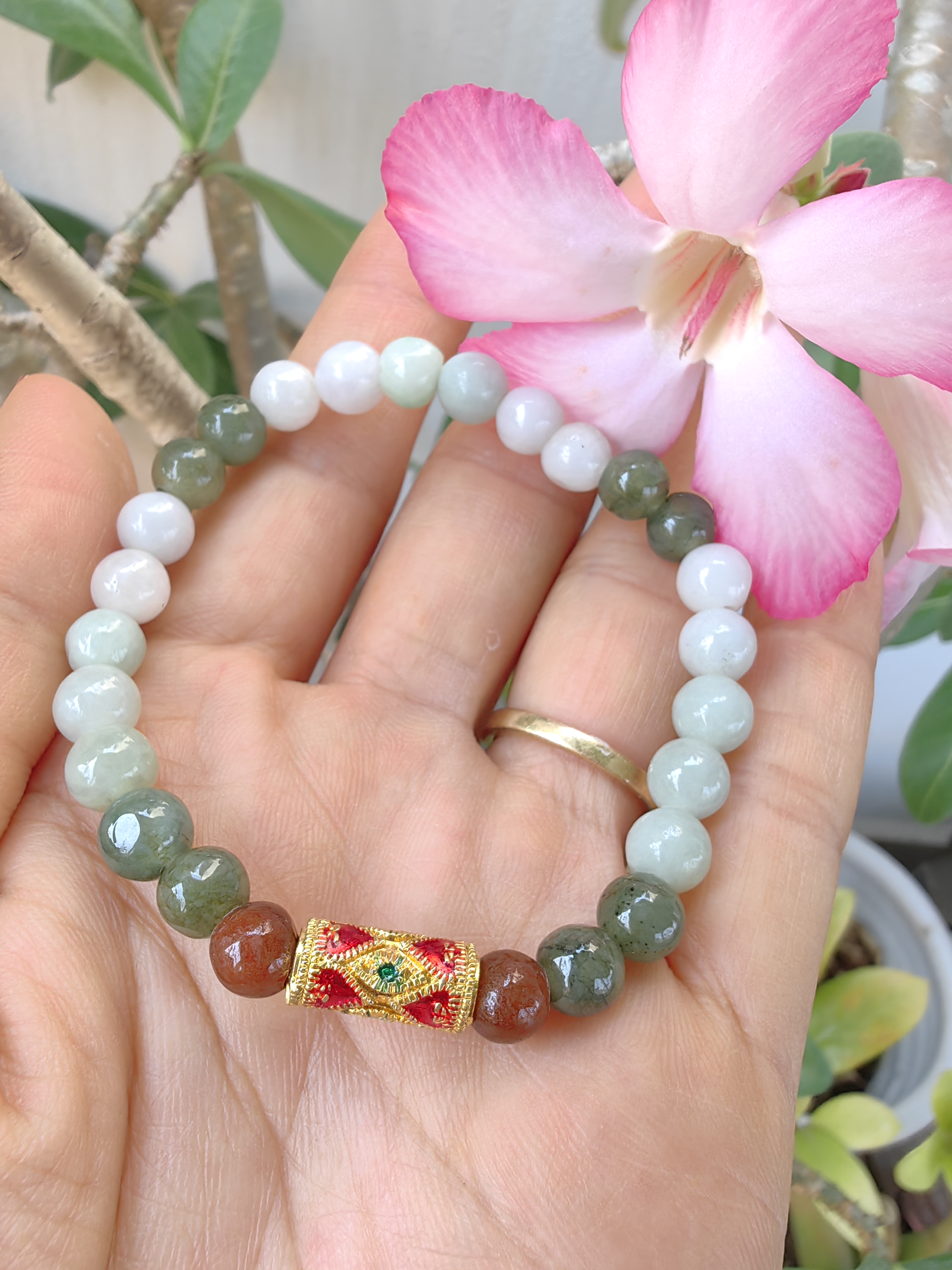 Burmese Jadeite Bracelets Thai Enamel Gold plated 7 mm. สร้อยข้อมือหยกพม่า ลงยาสุโขทัย กลม 7 มม. Free Size