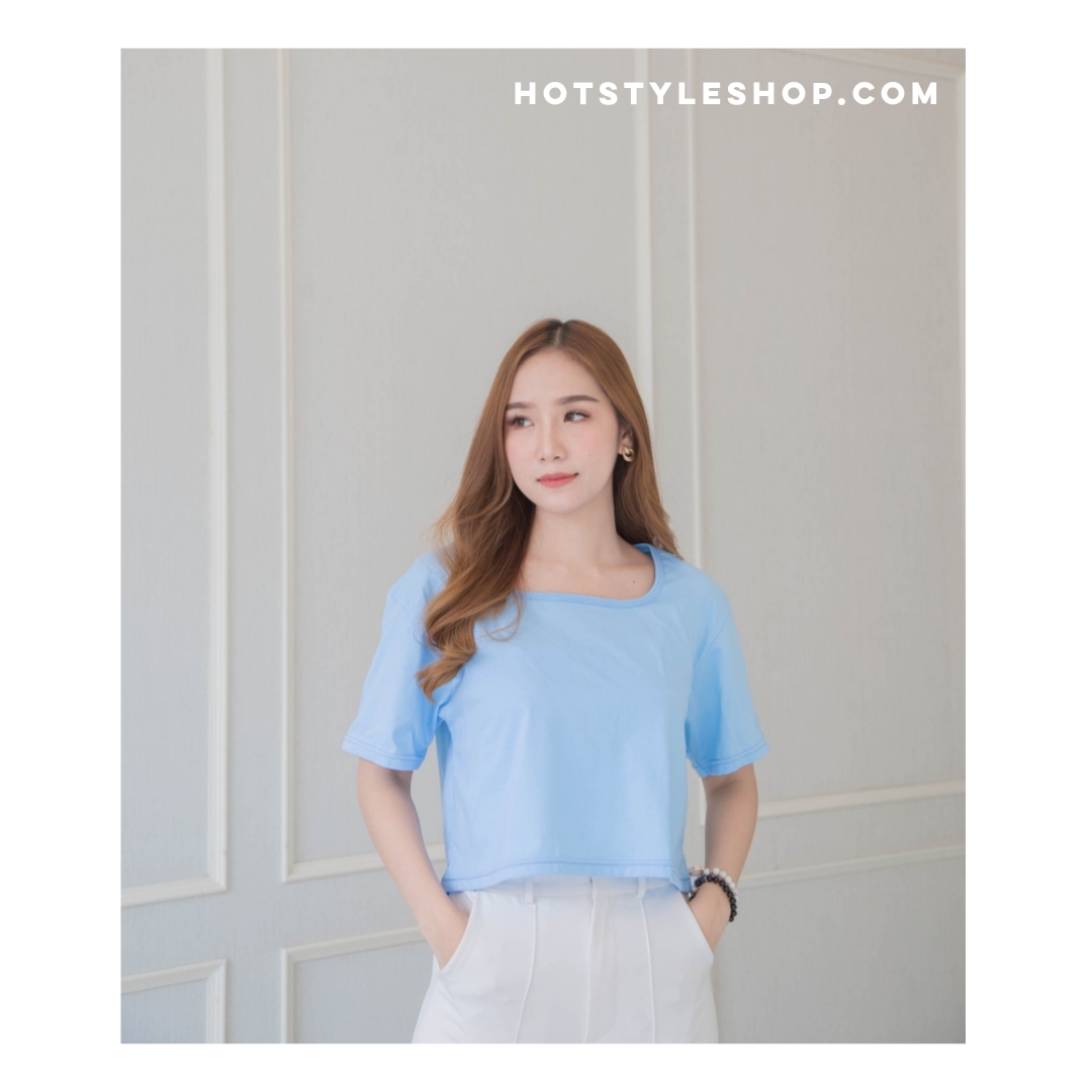 เสื้อครอปคอเหลี่ยม แขนสั้น สีพาสเทล