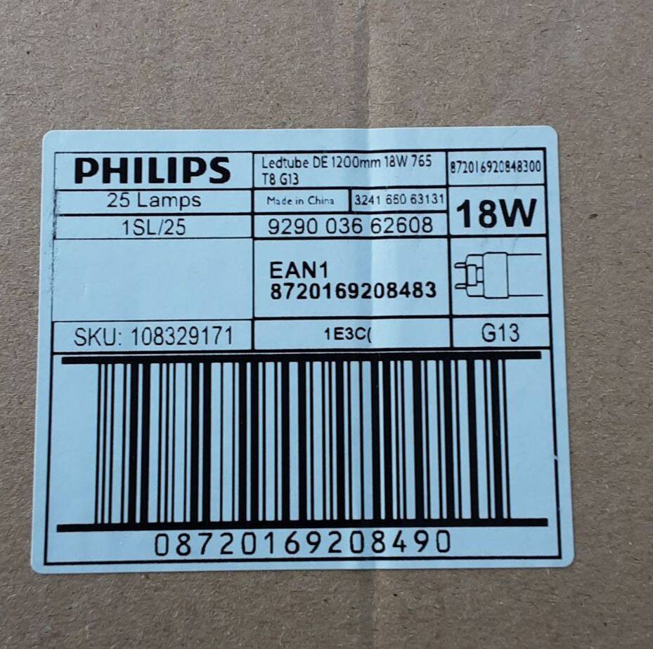 Philips หลอดไฟนีออน LED T8 (ยกลัง) ยาว 120 Cm 18w T8 LEDD Tube ดับเบิ้ลเอน 25หลอด แพ็คราคายกลัง