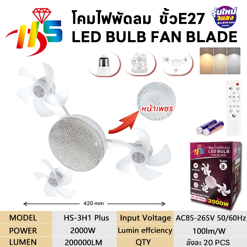 โคมไฟเพดาน ไฟพัดลมเพดาน พัดลมติดเพดานพร้อมหลอดไฟโคมไฟพัดลมE27 2000W Led เปิดไฟ ได้3สี