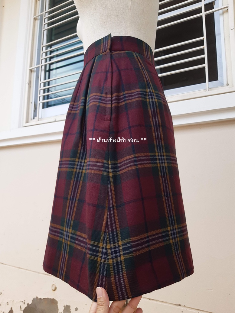 กางเกงคูลอตทรงสั้นลายสก็อตสีม่วงพลัม (Vintage culottes shorts)