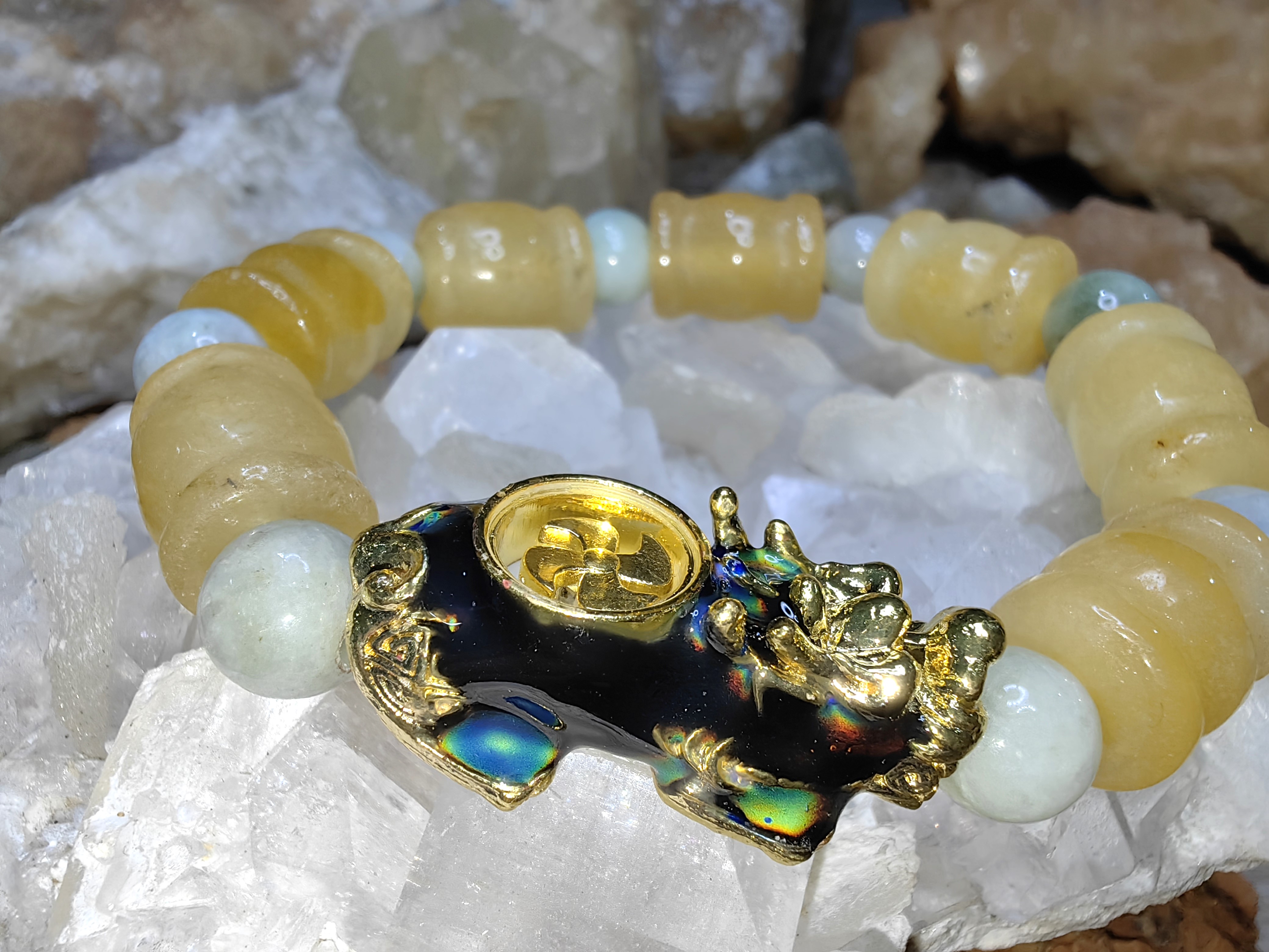 Burmese Jadeite Bracelets Dragon Gold plated Round 11 mm. สร้อยข้อมือหยกพม่าปี่เซียะชุบทอง กลม 11 มม. Free Size