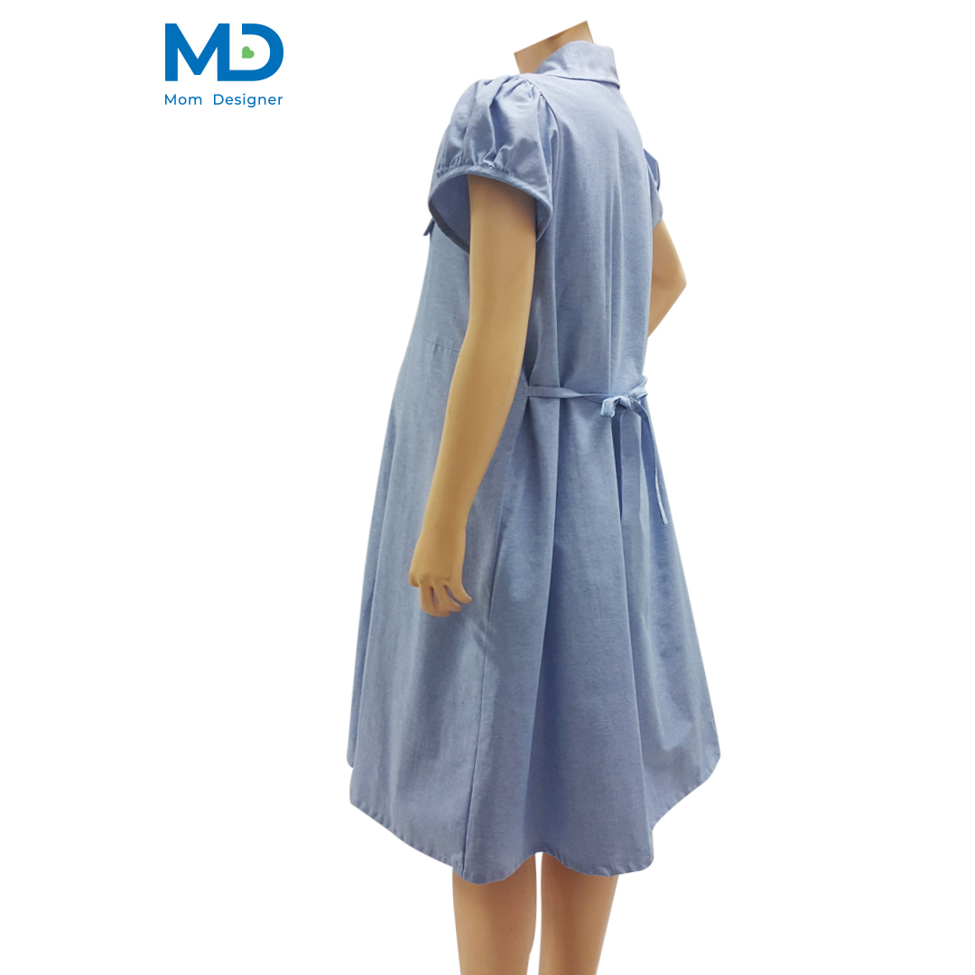 007BU ชุดคลุมท้องปกตลบโบว์ผูก สีฟ้า