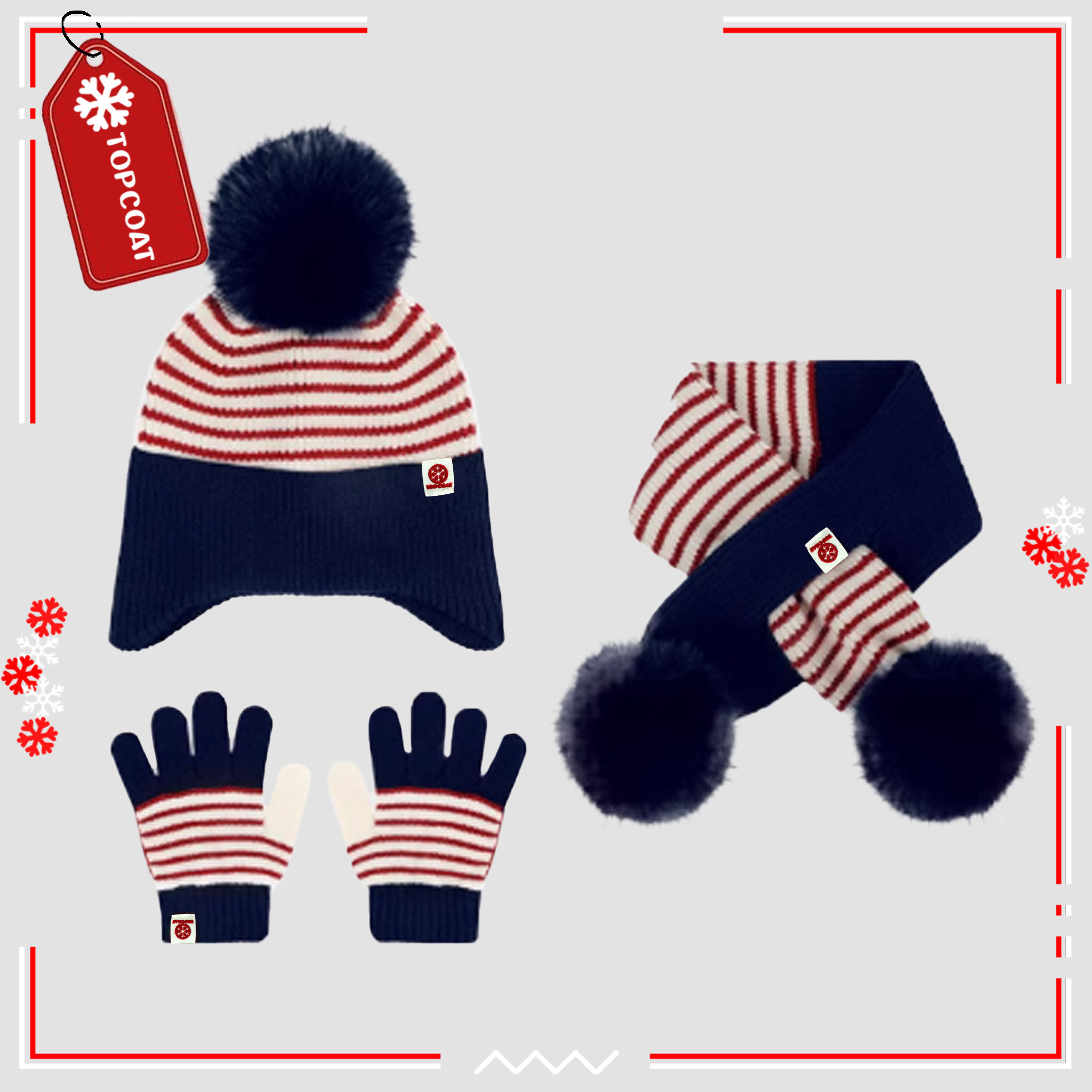 เซ็ทถุงมือ หมวกและผ้าพันคอแบบสวมสำหรับเด็กลายเส้น มีจุกเฟอร์ตกเเต่งที่หมวกและผ้าพันคอ