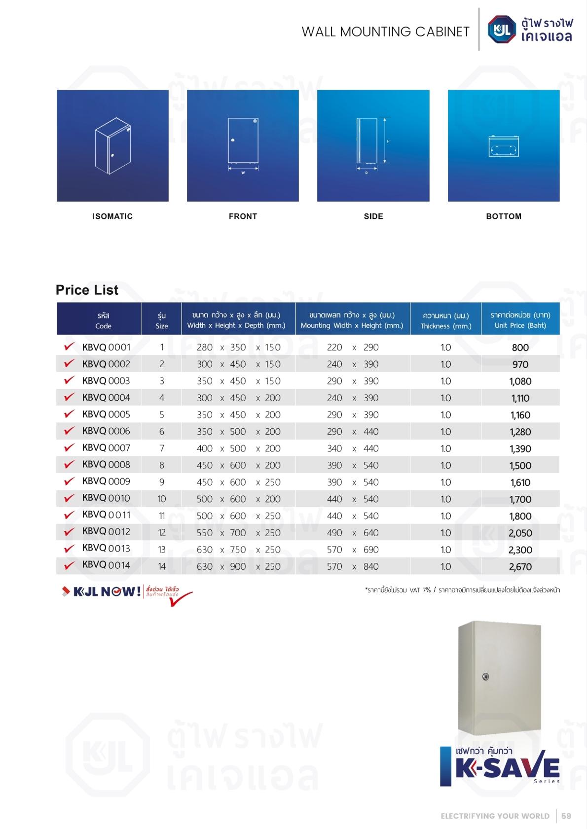 KJL ตู้เหล็กไฟฟ้า รุ่น KBVQ ตู้กันฝุ่นกันน้ำ IP44 ตู้คอนโทรลแบบไม่มีหลังคา ฝา 1 ชั้น สำหรับงานติดตั้งภายในและภายนอกอาคาร